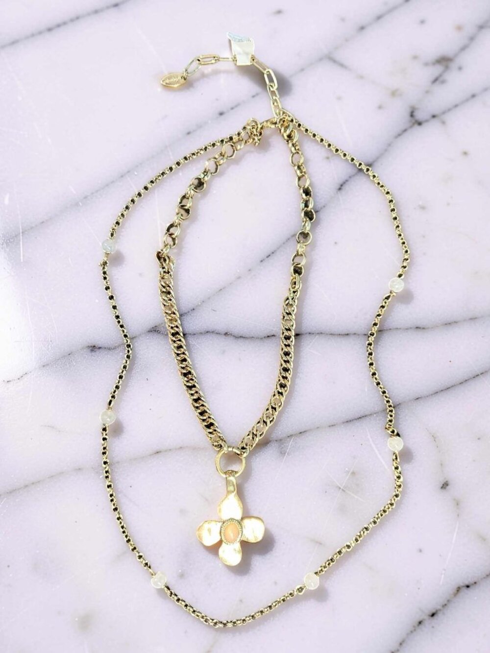 FREE PEOPLE Layered Gold Tone Necklace Featuring Gemstone Flower Pendant NWT